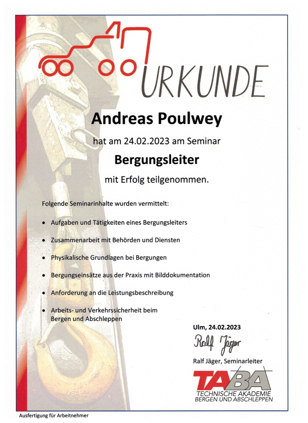 Zertifikat Bergungsleiter – Andreas Poulwey