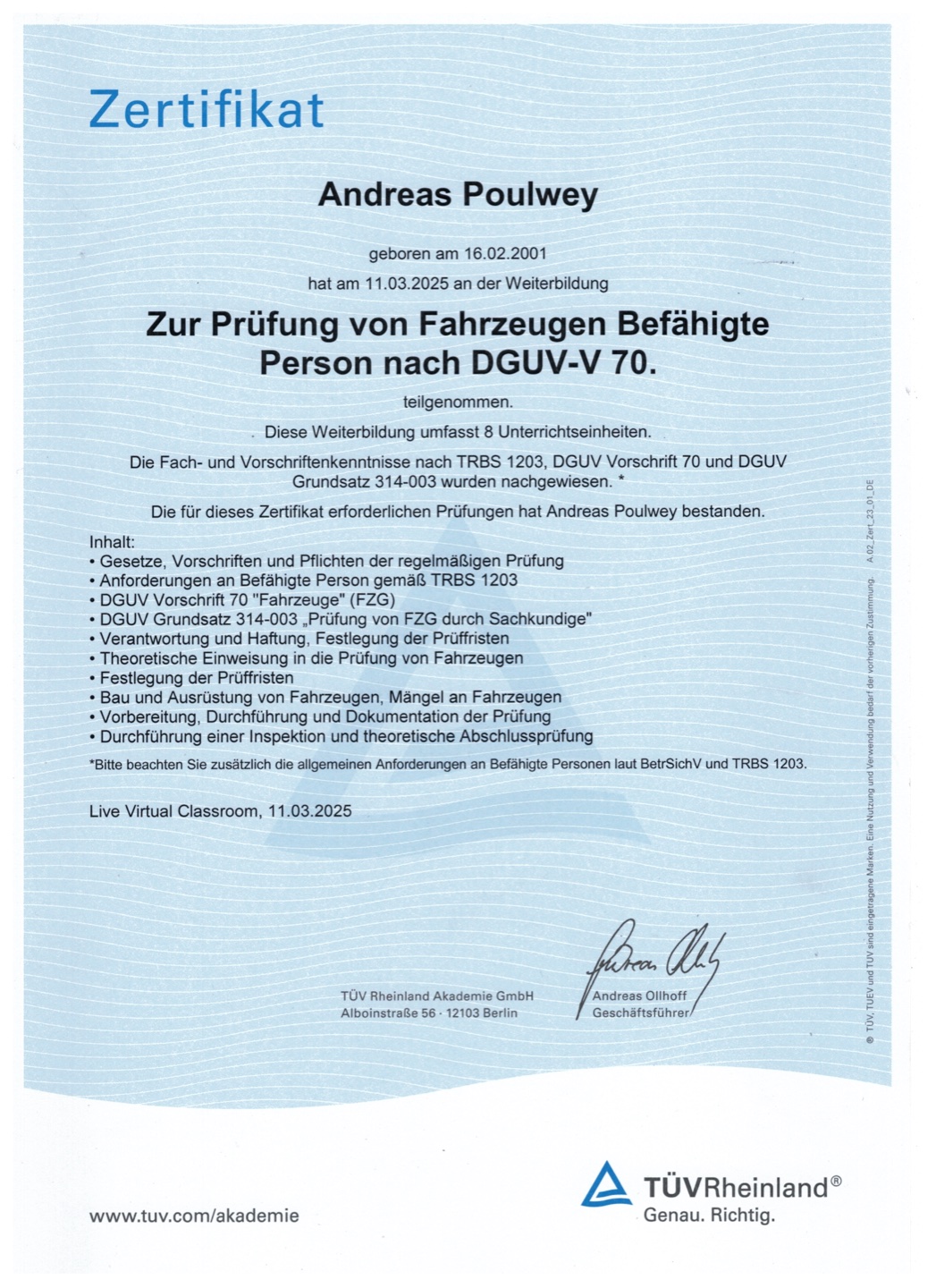 Zertifikat DGUV-V 70 – Andreas Poulwey